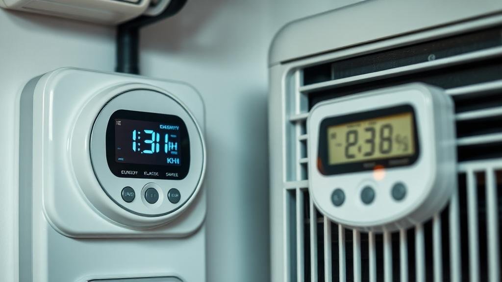 Energiemeter naast een airco toont stroomverbruik