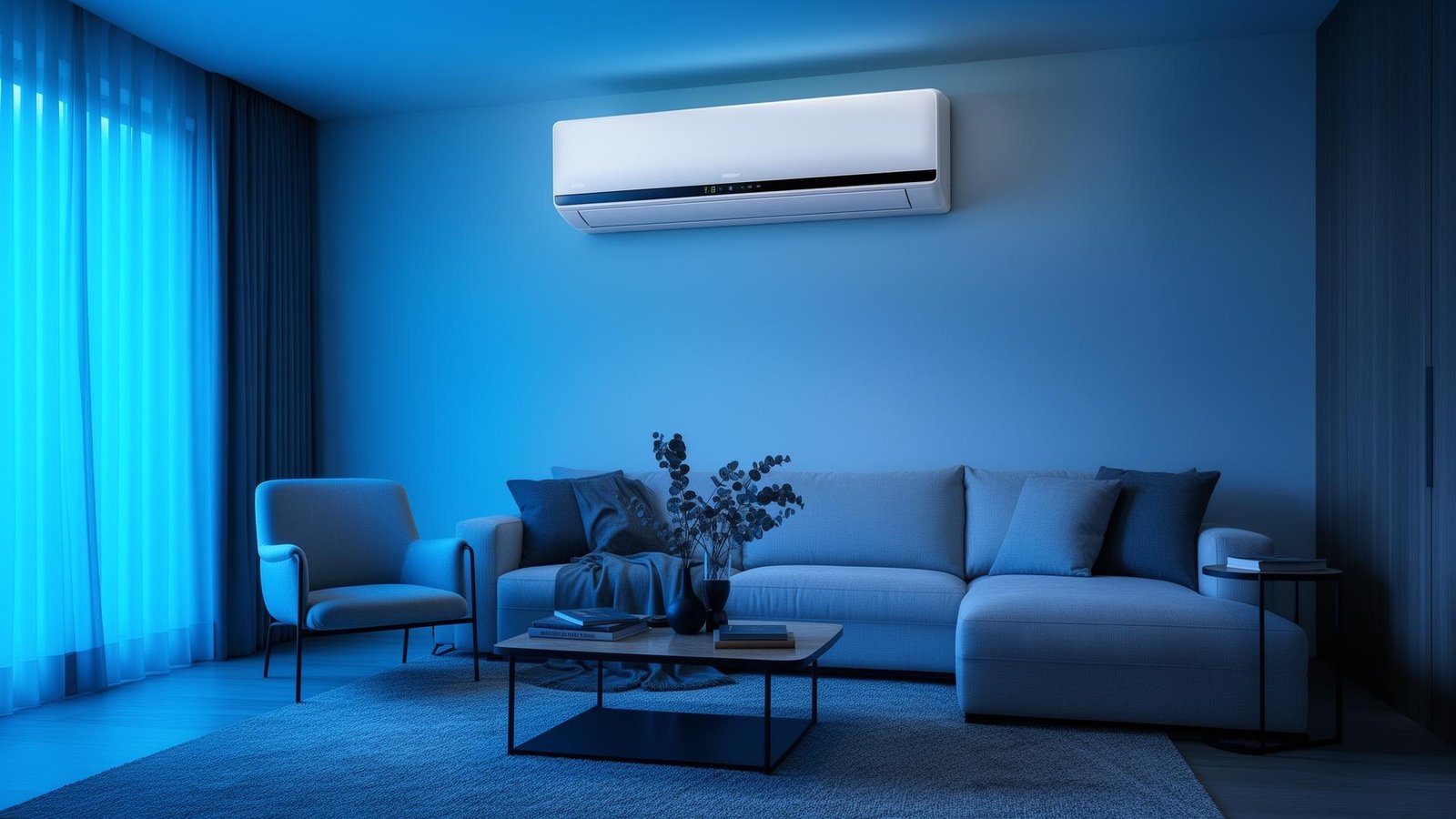Moderne split airco in woonkamer met koele blauwe verlichting